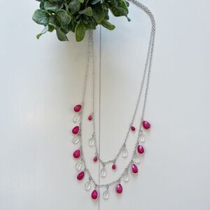 Hot Pink and Silver Layered Faux Crystal Teardrop Tiered Necklace EUC | 18" Long